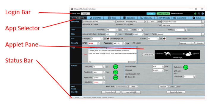 CNC machine interface screenshot with login bar, app selector, status bar, and applet pane.