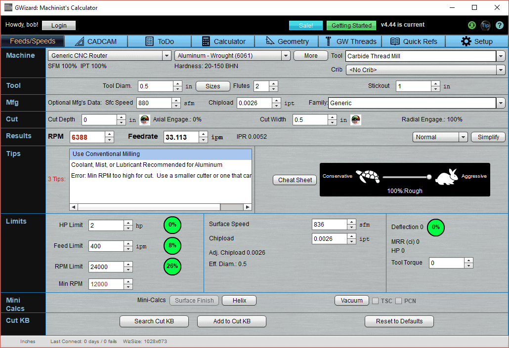 Machining calculator with CNC router settings and options for feed rate, speed, depth of cut.