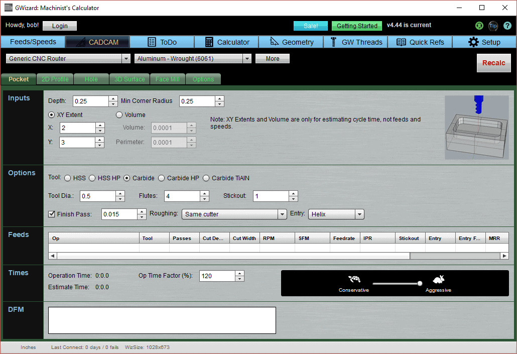 Machining software interface with input fields and settings options.
