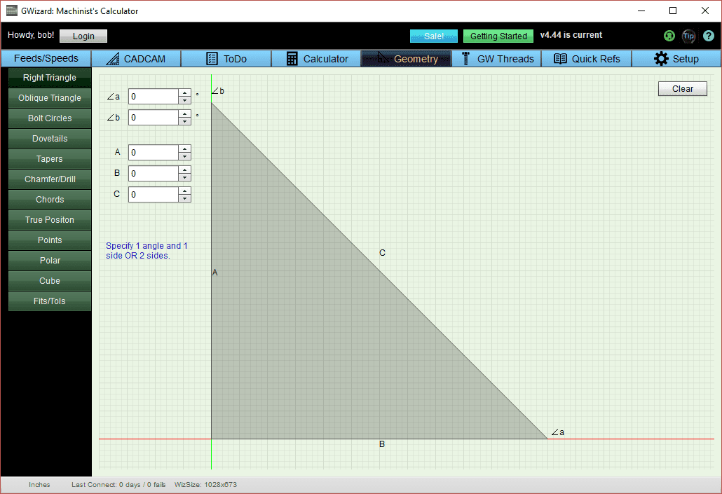 GWizard: Machinist's Calculator screenshot with calculator interface featuring various tabs and tools on a white background.