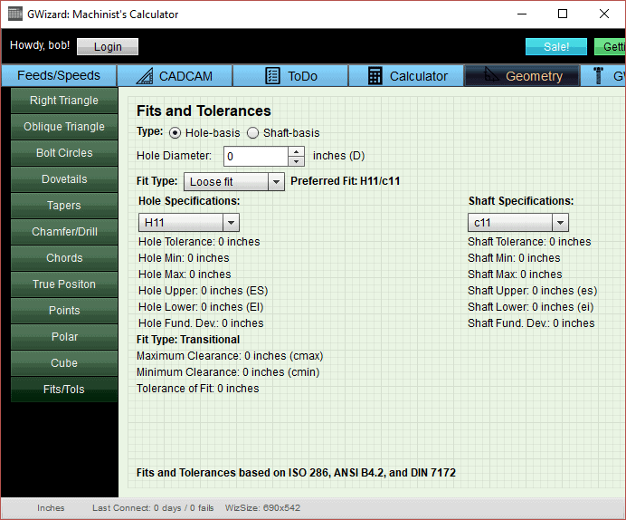 A dark gray background with CNCCookbook.com logo at top-left, containing calculator tool page with title "Fits and Tolerances" and input fields for hole diameter, fit type, and shaft specifications.