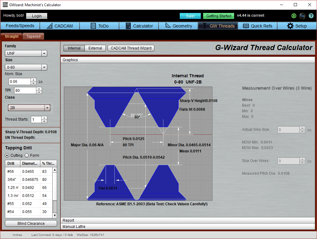 G-Wizard Thread Calculator screenshot from CNCCookbook.com website featuring input fields and calculated results.