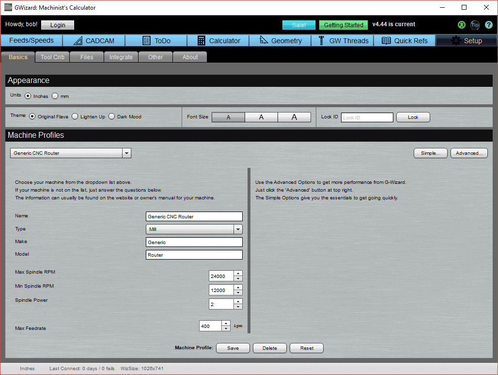 Machining website, Machine Profiles page, CNC router settings
