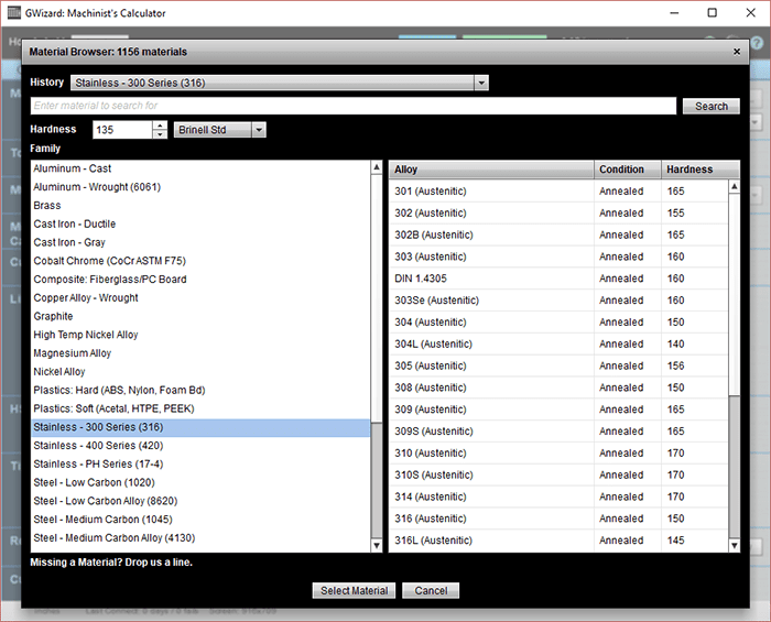 Material browser table on CNCCookbook.com website showing various materials and properties.