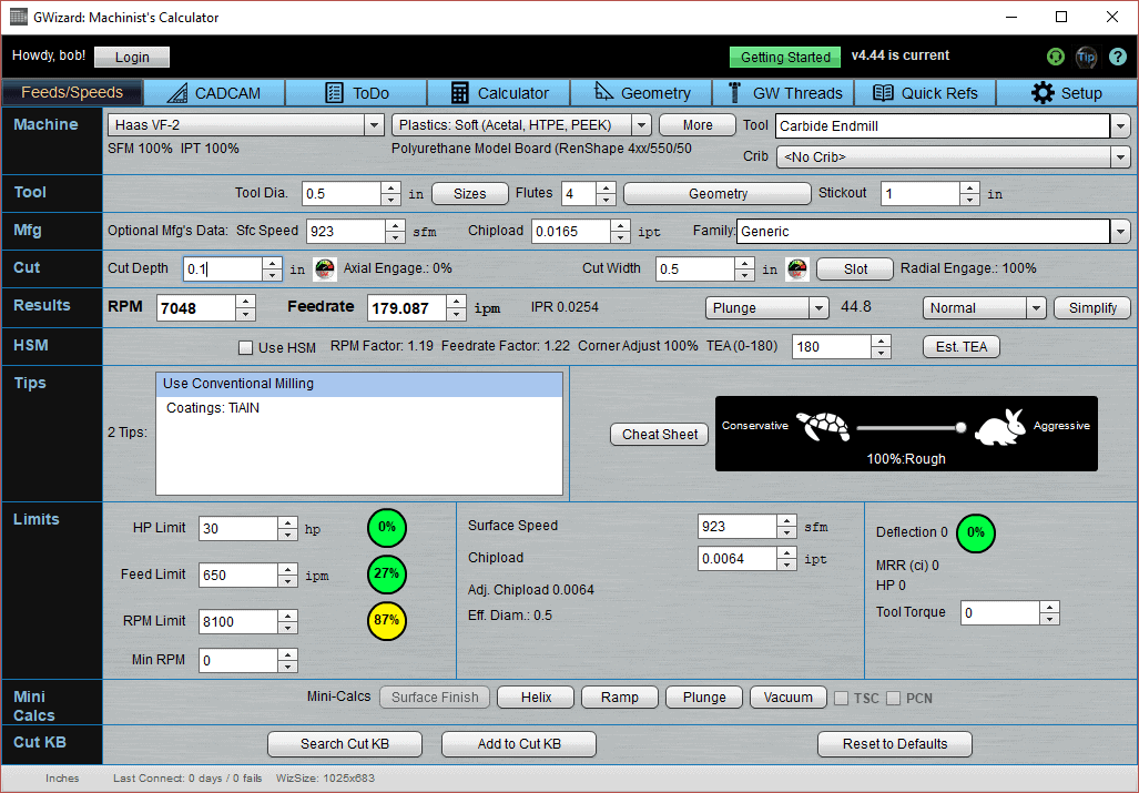 Grey machining software interface with tabs: Feeds/Speeds, Machine, Results. Input fields for tool diameter, feedrate, surface speed. CNCCookbook.com logo.