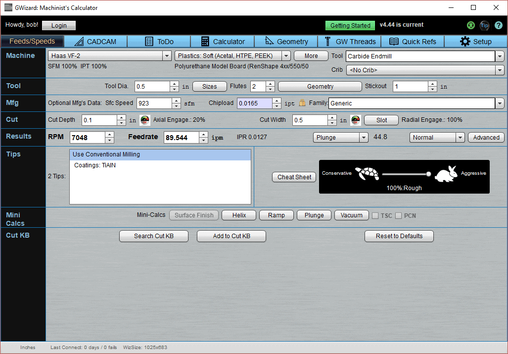 Machining software interface with machine settings, cutting tool options, feed rate control, speed control, and coolant flow control.
