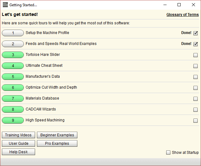 A screenshot of a website's welcome page with a numbered list of nine machining tutorials and checkboxes for selection.