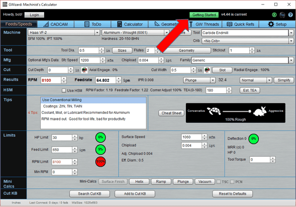 CNC calculator interface screenshot from CNCCookbook.com.