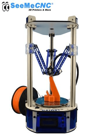 Three-dimensional printer with orange extruder and blue build platform.