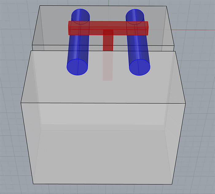 Blue cylinders with red T-structure and gray cube.