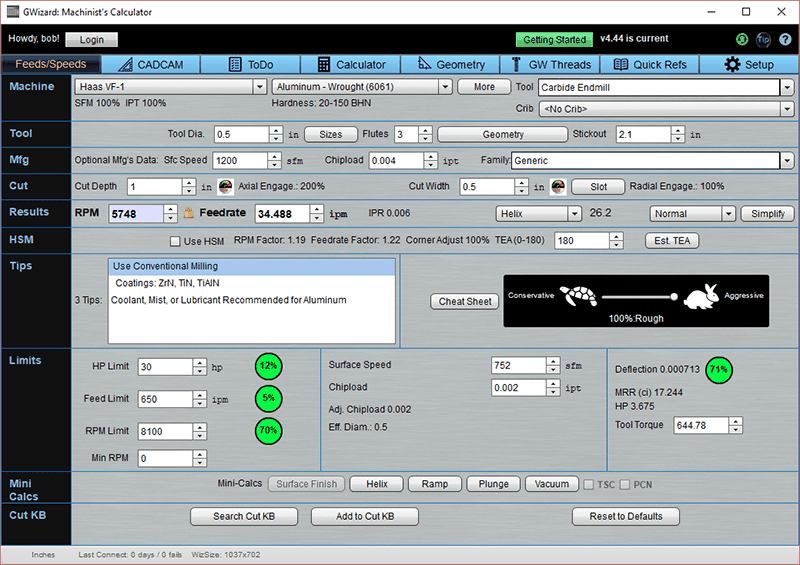 Machining software interface with tabs and data table.