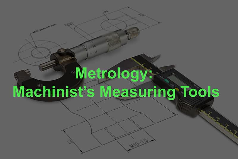 Metrological tools including calipers and micrometers on a gray background with faint tool outlines.