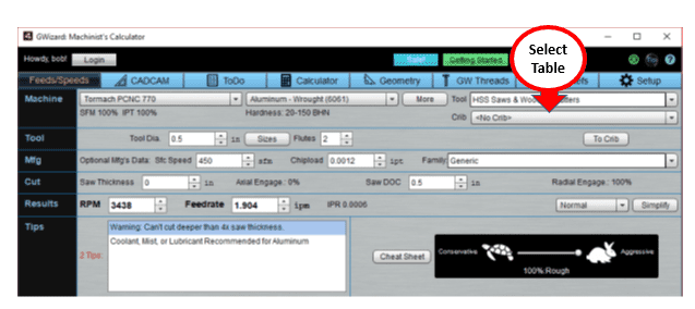 Screenshot of GWCard Machinist's Calculator with tabs and input fields.