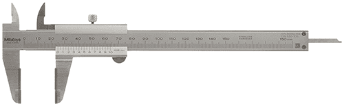 Vernier caliper with metric markings on a light grey background.
