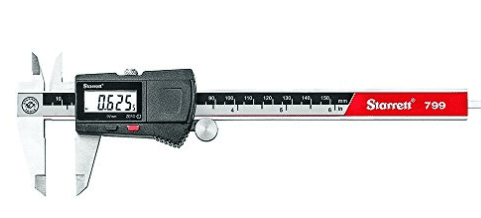 Digital caliper with Starrett branding and LCD display on gray background.
