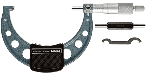 Micrometer caliper with straight blade and metal body.