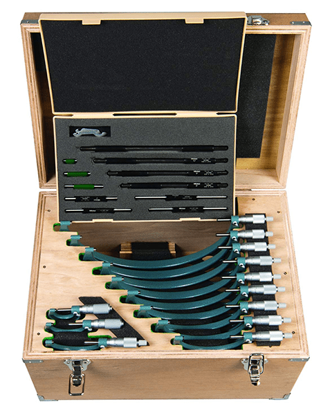 Wooden box containing precision measuring tools, calipers, and micrometers.