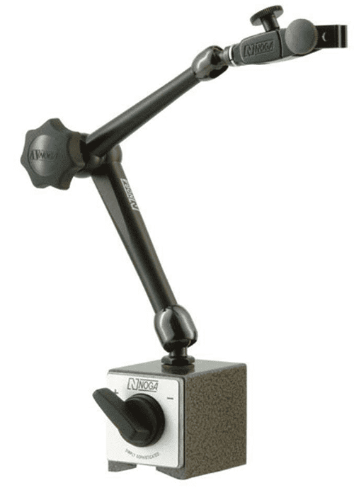 Black metal adjustable arm with ball joint and socket attachment, mounted on a gray square base with a textured surface and labeled logo.