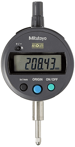 A digital micrometer with grey body and black screen displaying measurement data.