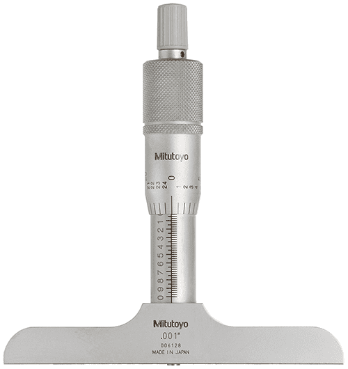 Precision tool with silver metal body, Mitutoyo logo, textured cylindrical section, flat base, and measuring scale.