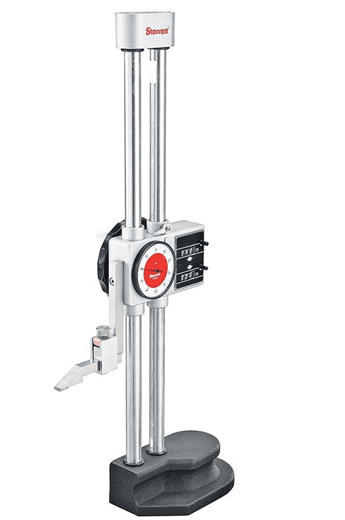Silver Starrett dial indicator with vertical rod and adjustable head.