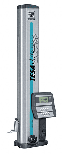 Digital micrometer with silver and black body, display screen, and control buttons on plain background.