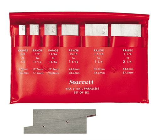 Red plastic bag containing Starrett 154 L parallel blocks and a silver metal ruler.
