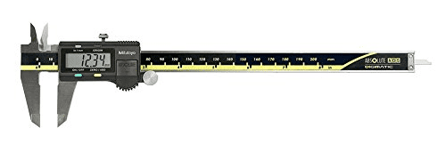 Black digital caliper with yellow accents on a white background.