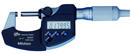 A digital micrometer with a blue display screen, measuring 0.1795 units, on a white background featuring a dark blue body and Mitutoyo logo.