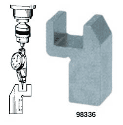 Black and white image of a micrometer with dial gauge and metal object resembling "U" or "L".