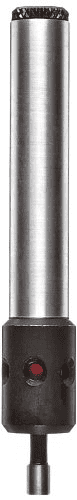 Cylindrical metal object with small red button on white background.