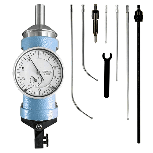 Precision measuring tools: dial indicator with blue sleeve and silver top, probes, and attachments.