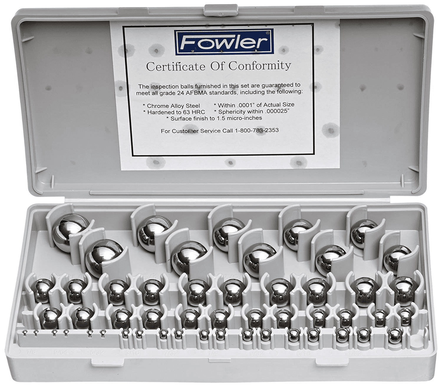 Precision balls in a white plastic case with inspection certificate.