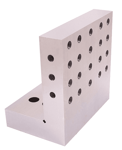 A rectangular metal workpiece with holes drilled into it.
