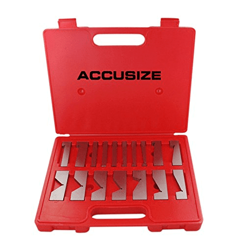 A red plastic Accusize case with tools inside.