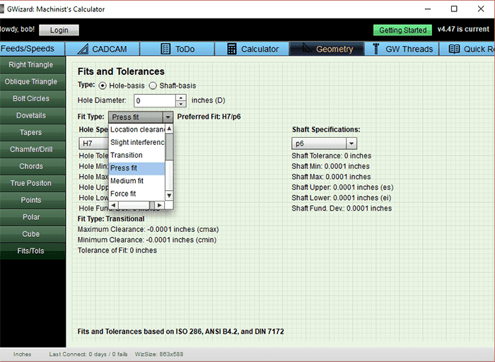 GWizard: Machinist's Calculator website screenshot with green background and menu items.