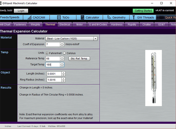 Thermal expansion calculator webpage on CNCCookbook.com with purple banner, table, input fields, and navigation menu.