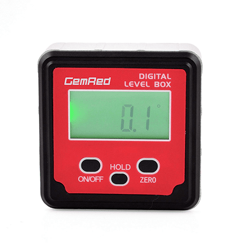 Digital level box with red faceplate and green LCD display.