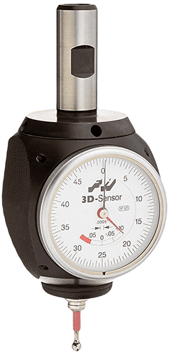 A 3D sensor device with white face, black casing, dial (0-45), and label "3D-Sensor".