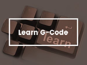 Faded keyboard keys with "Learn G-Code" text in white on a dark brown background.