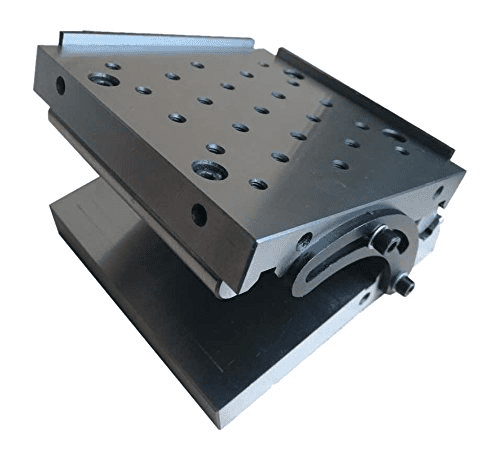 Metal worktable with tool clamps.