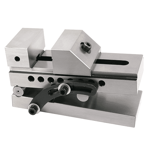 Stainless steel vise with flat surface and two holes.