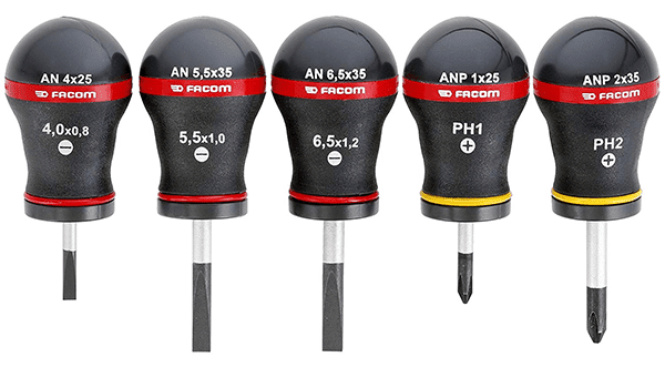 Black screwdrivers with red-striped handles, various tips, arranged on white background.