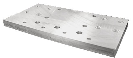 A rectangular aluminum bracket with six evenly spaced circular holes on top, at an angle.