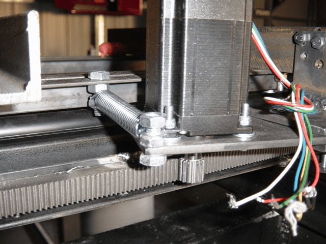 Mechanical device with metal components, spring-loaded screw, and wires in close-up.