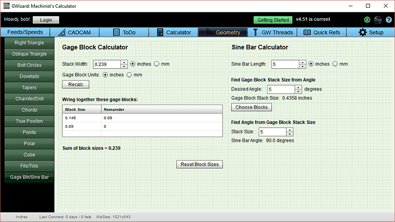 Gage Block Calculator interface with two sections and input fields.