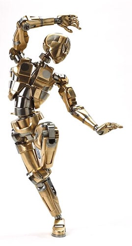 Gold-colored robot in a dynamic pose with metallic skin, arms raised and legs straight.