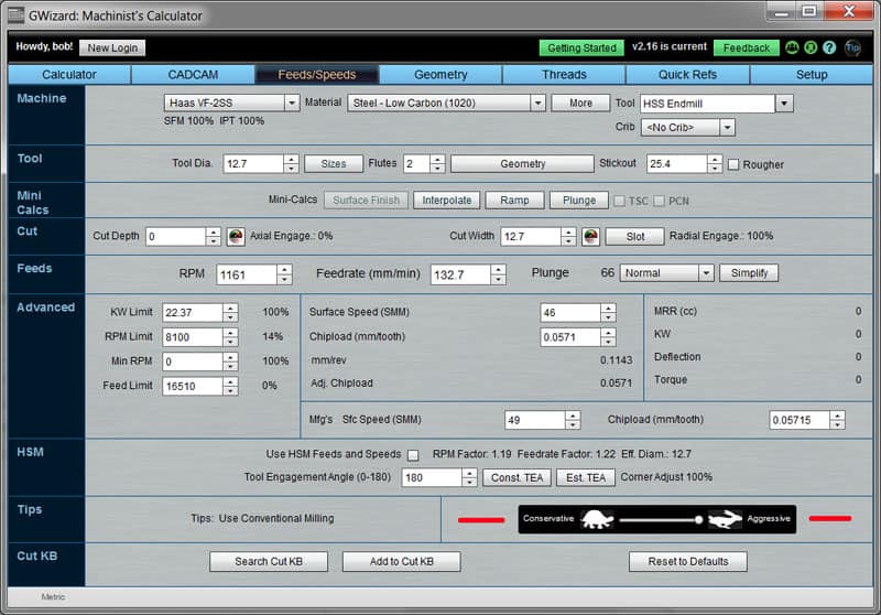 Screenshot of GWizard Machinist's Calculator tool, displaying various tabs and fields for machining tasks.
