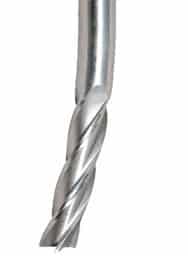 Silver drill bit with twisted, spiral shape.