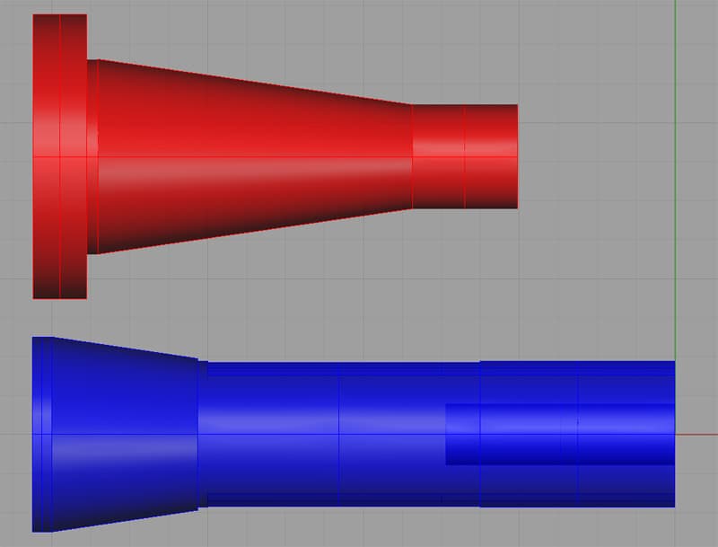 Two converging cones, one bright red with a large circular base, the other dark blue tapering to a point, against a gray background.